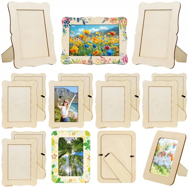 Desk Setup Photo - 5Pcs Unfinished Wooden Frames Wavy/Rectangle Photo