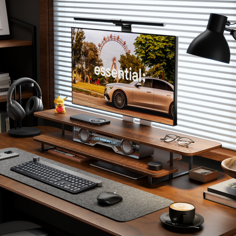 Walnut Finish Monitor Stand Ri - Desk Setup Monitor And Laptop ulasan dan harga